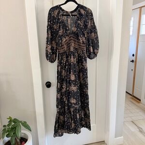 Free People Golden Hour Smocked Maxi Dress Black Floral Puff Sleeve Small